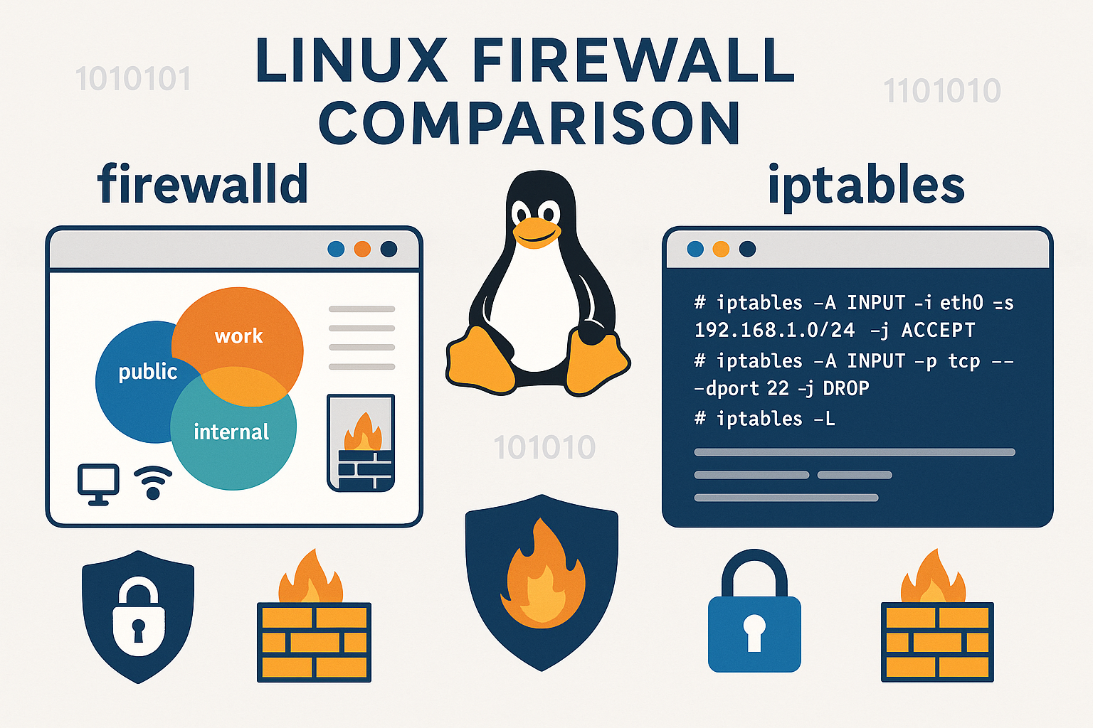 Linux firewall comparison guide showing firewalld vs iptables differences with zone management and command line interfaces