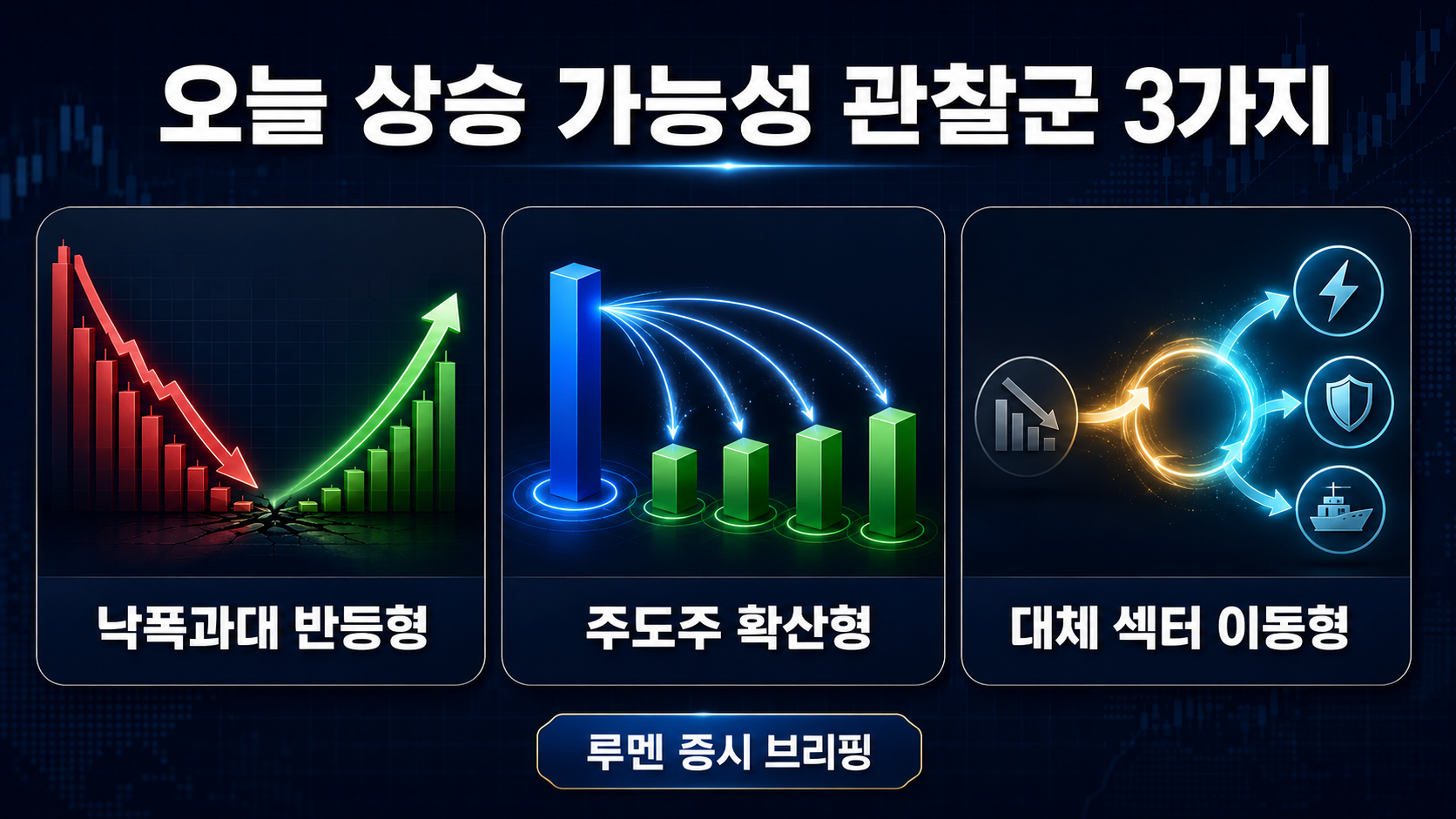 오늘 상승 가능성 관찰군 3가지
낙폭과대 반등형 · 주도주 확산형 · 대체 섹터 이동형