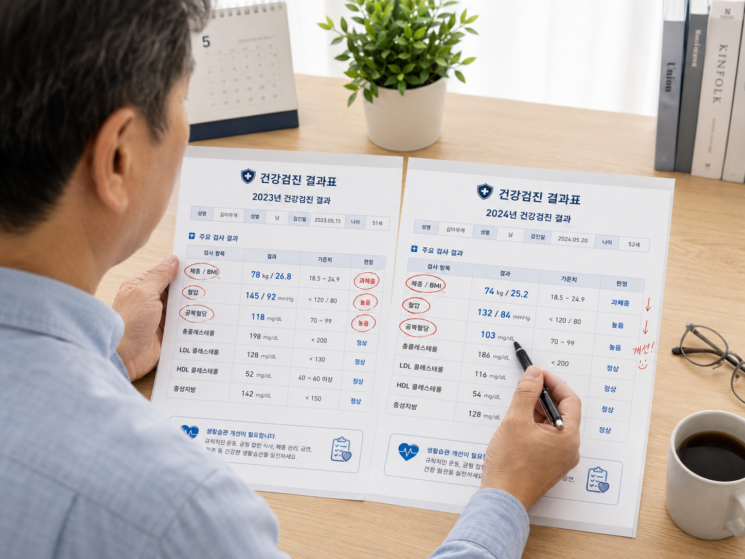 지난해와 올해 건강검진 결과 수치를 비교하는 모습