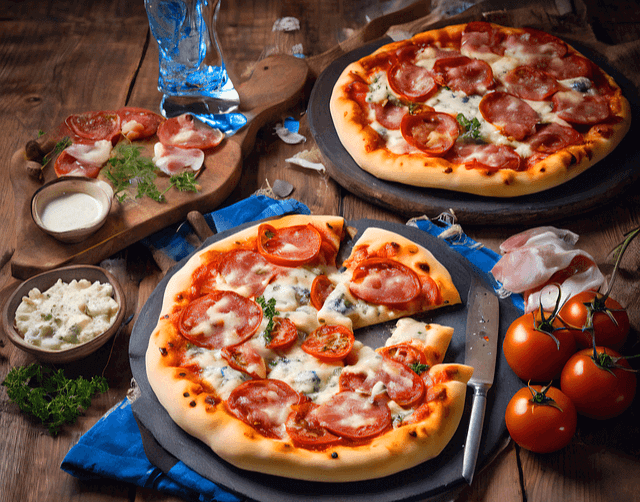 나무 식탁에 페페로니 피자 두 판이 있다. 주변에 방울토마토와 베이컨들이 있다.