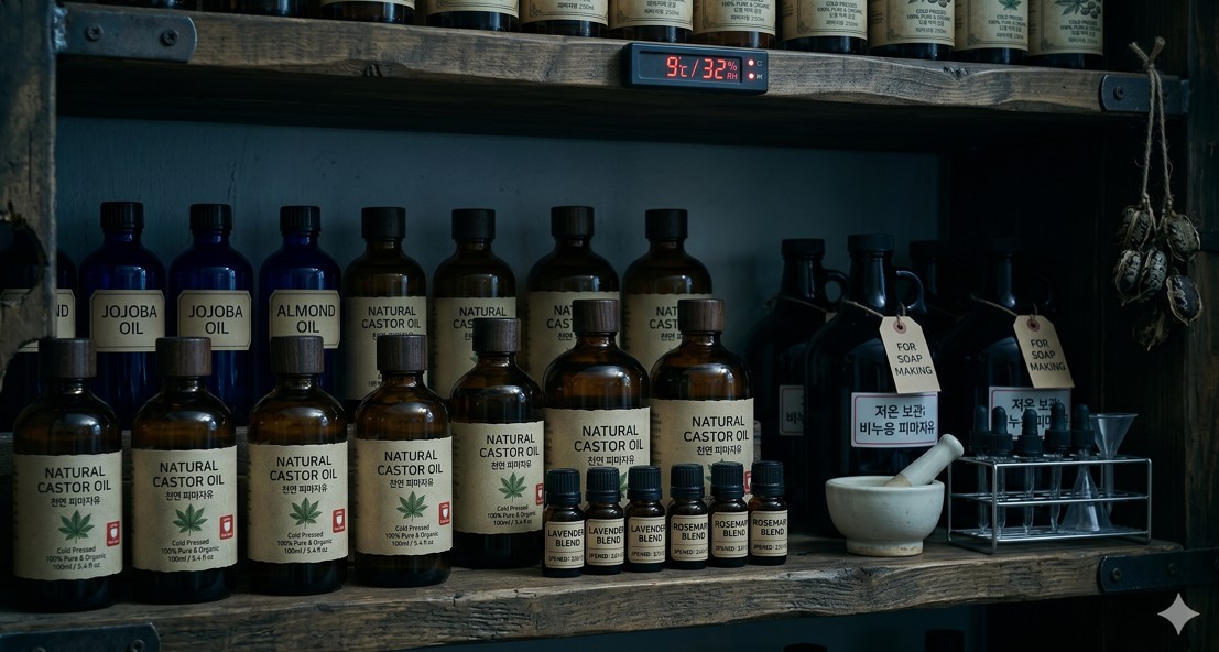 서늘하고 어두운 냉암소 선반에 안전하게 보관된 갈색 오일병들