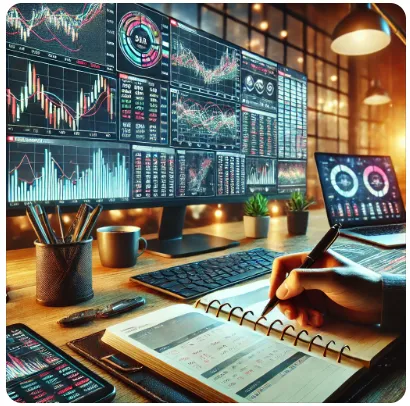 주식차트와 필기하는 사진