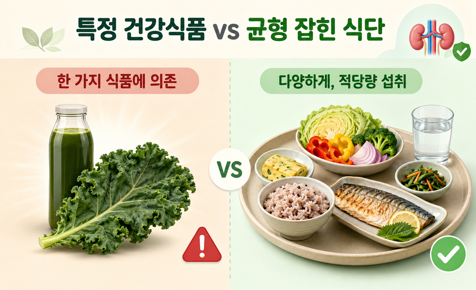 특정 건강식품보다 다양한 식품을 적절히 섭취하는 균형 잡힌 신장 건강 식단 비교 이미지