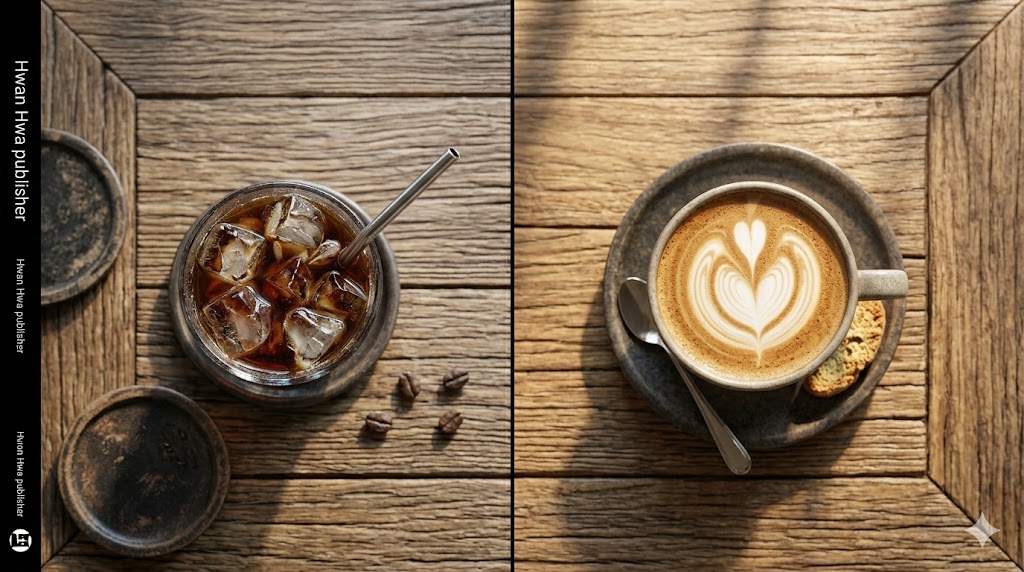 Iced Americano vs Warm Latte split image, representing cold reality and warm emotion in Kwon Hye-young and Kim Hwa-jin novels