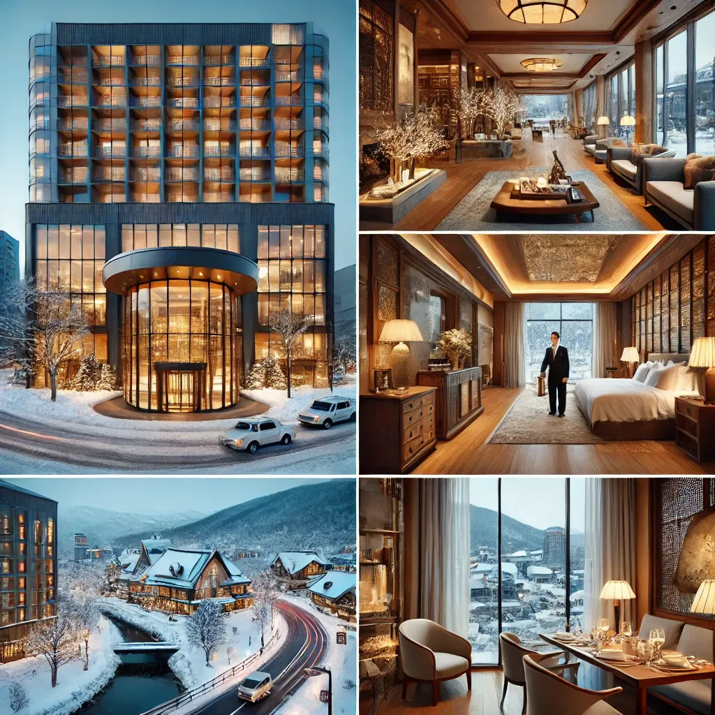 삿포로의 호텔 외관, 유리 패널과 따뜻한 조명이 눈 덮인 거리와 조화를 이루며 고급스러운 분위기를 자아내는 모습.