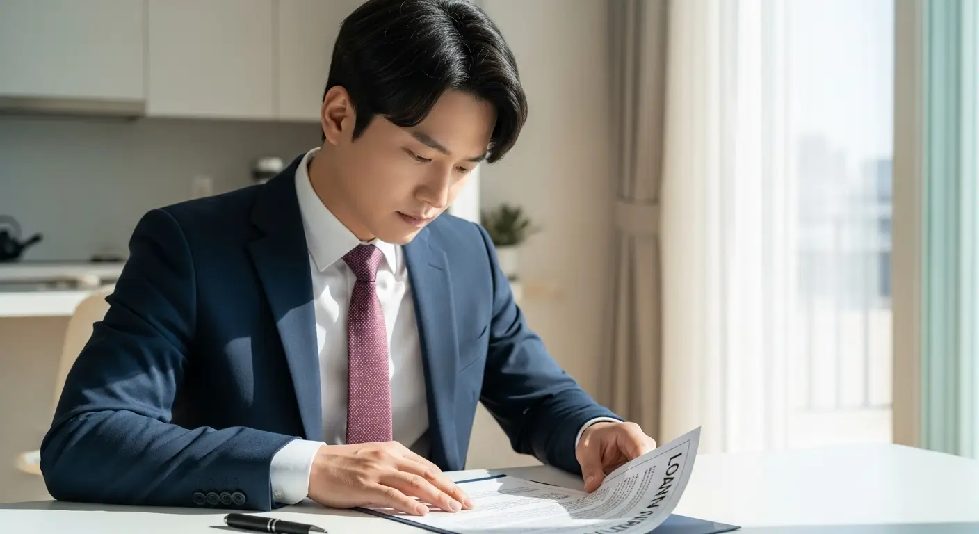 바로바로론 대출 계약서의 내용을 신중하게 검토하며 책임감 있게 결정하는 한국인 사용자