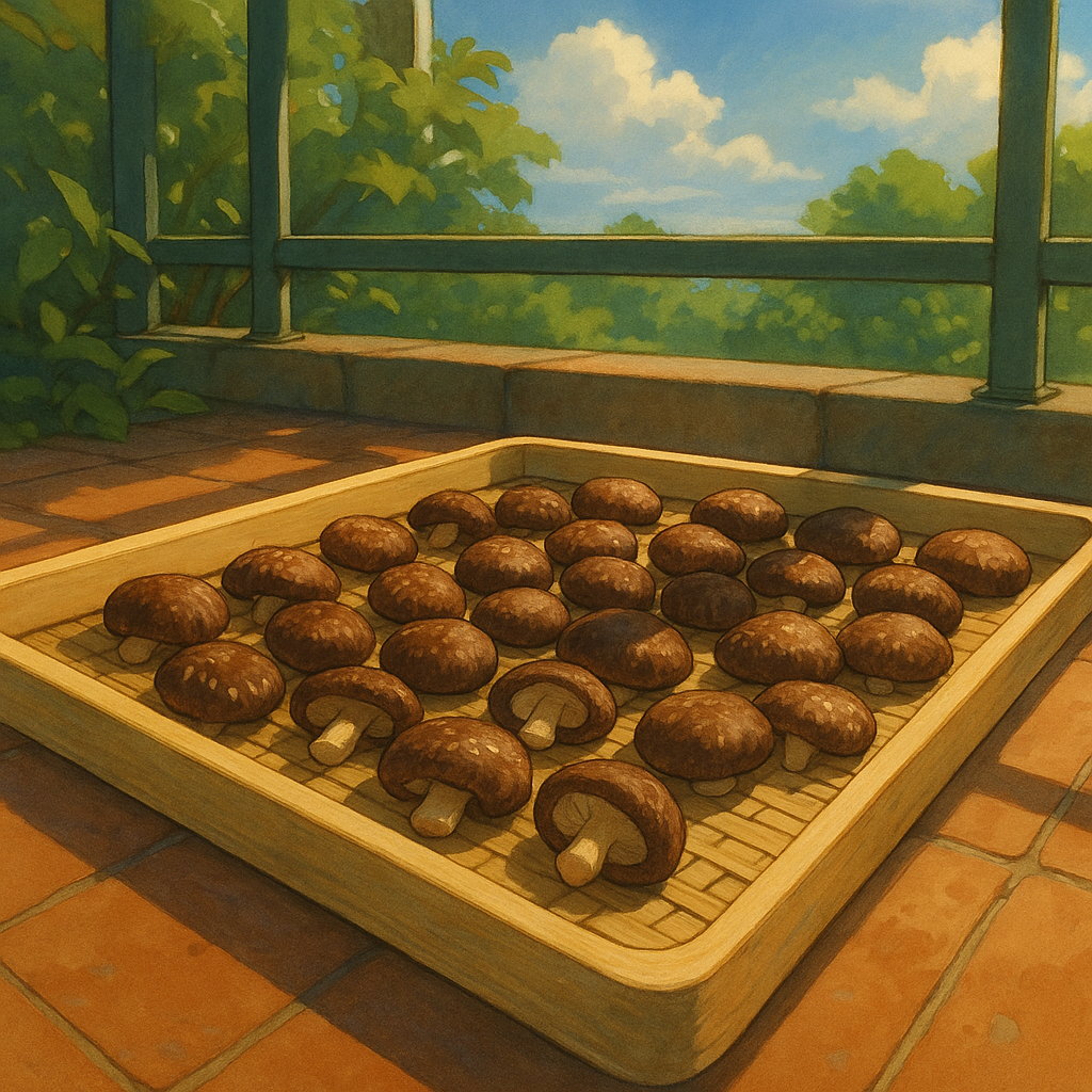 햇빛 아래 펼쳐진 생표고버섯 – 비타민 D₂ 생성 과정 묘사