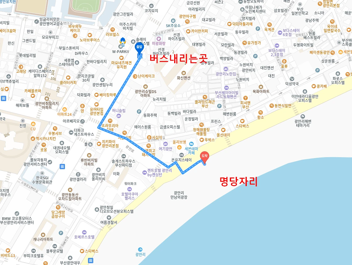 버스로 이동 시 명당자리 이동경로