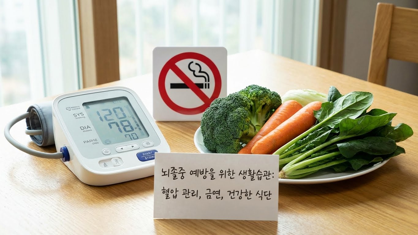 혈압계, 금연 표시, 건강한 식단(야채)이 한데 놓여 있는 모습.
뇌졸중 예방을 위한 생활 습관을 강조하는 사진