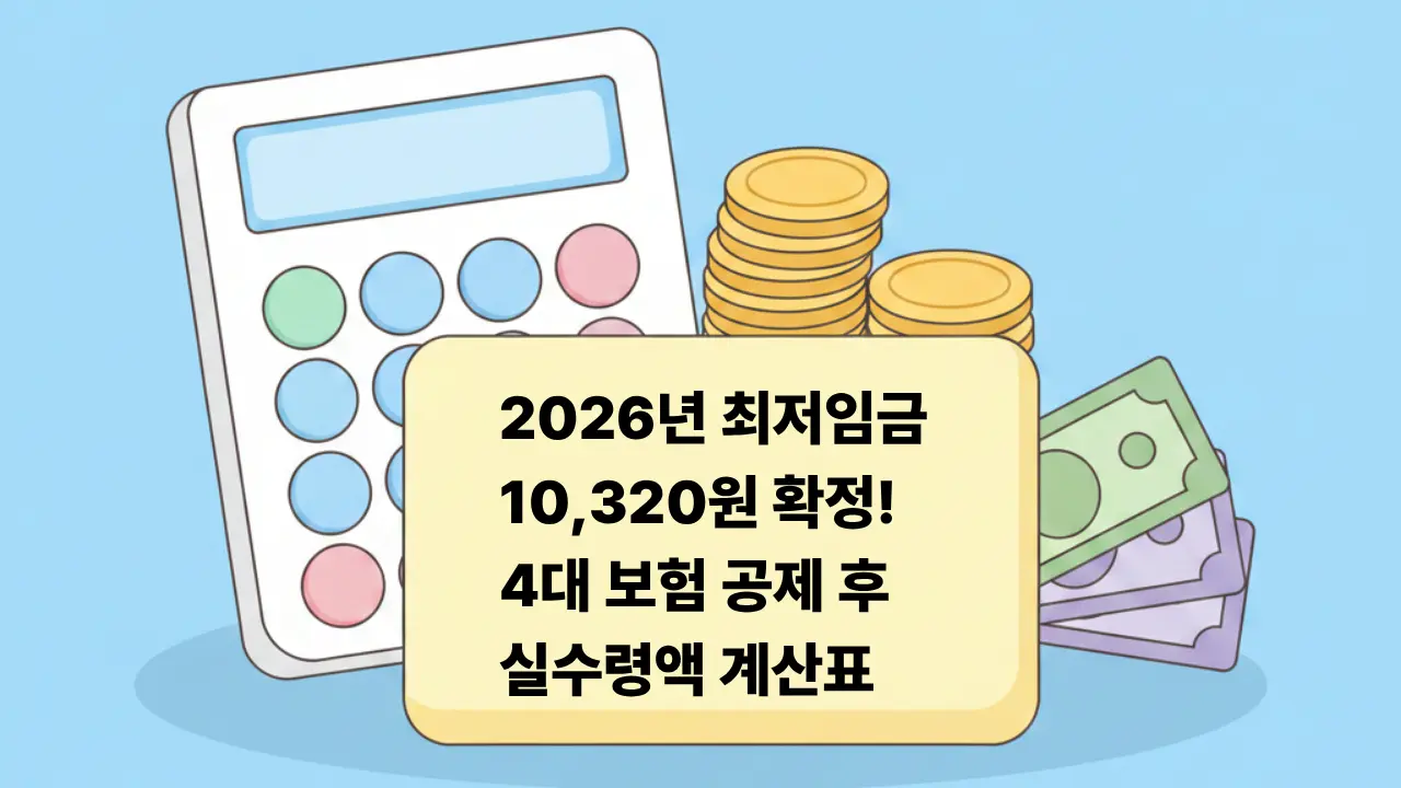 2026년 최저임금 10,320원 확정 계산기, 동전, 지폐를 활용한 실수령액 계산표 일러스트 이미지