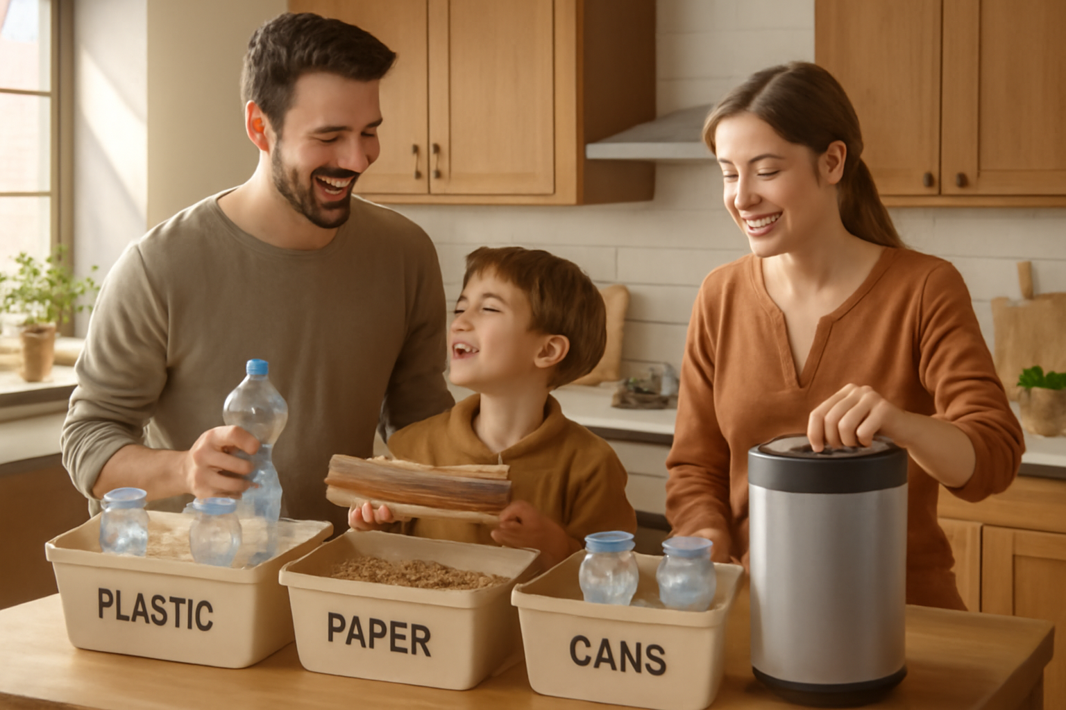 분리수거를 하는 가족