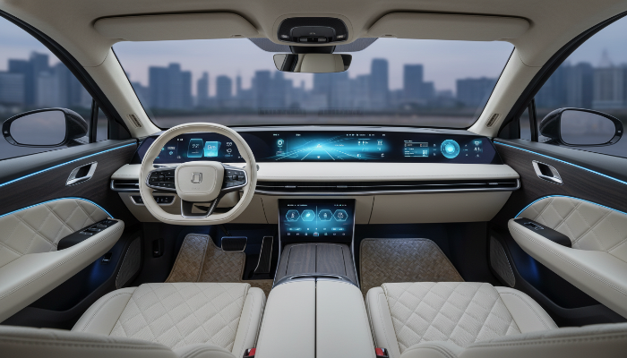 2026년형 럭셔리 전기차의 최첨단 인테리어와 디지털 대시보드
