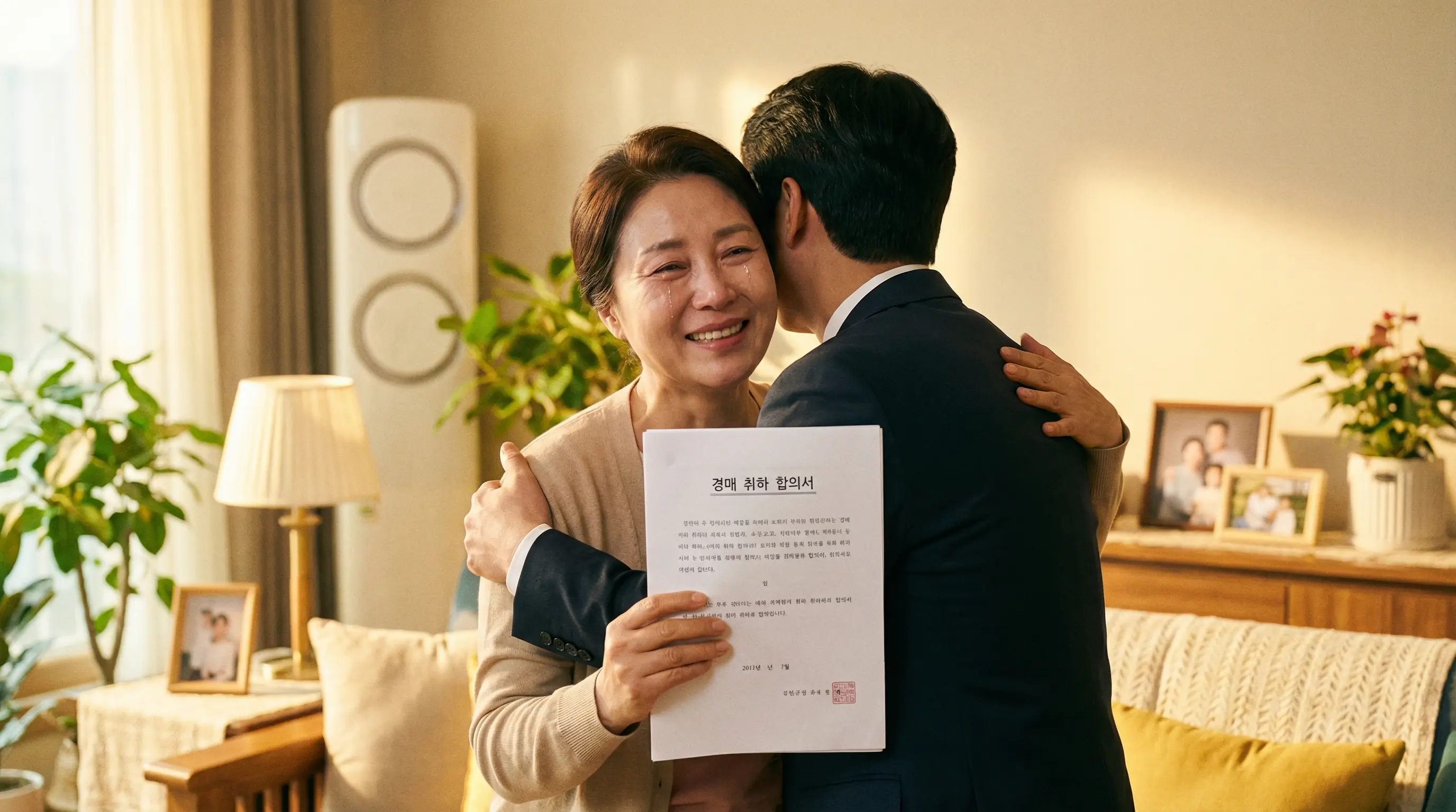 전문가와 상담하여 경매를 취하하고 다시 평온을 되찾은 집주인의 안도하는 모습