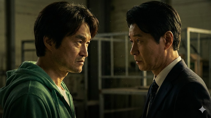 어두운 조명 아래, 서로를 의심스러운 눈초리로 바라보며 대치하는 신 사장과 이허준의 클로즈업 투샷