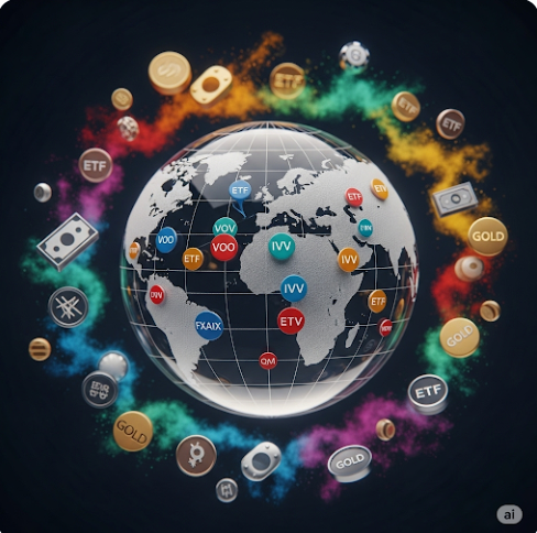 세계 지도가 그려진 투명한 구 위에 다양한 ETF 상징 아이콘들이 퍼져 있고, 그 주위를 주식, 채권, 부동산, 금을 상징하는 작은 원들이 둘러싸고 있는 모습. 자산군별, 지역별 분산 투자를 시각적으로 표현