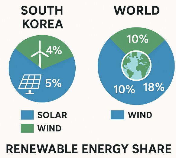 한국과 해외의 재생에너지 발전 비중 비교 및 분석 관련 그림