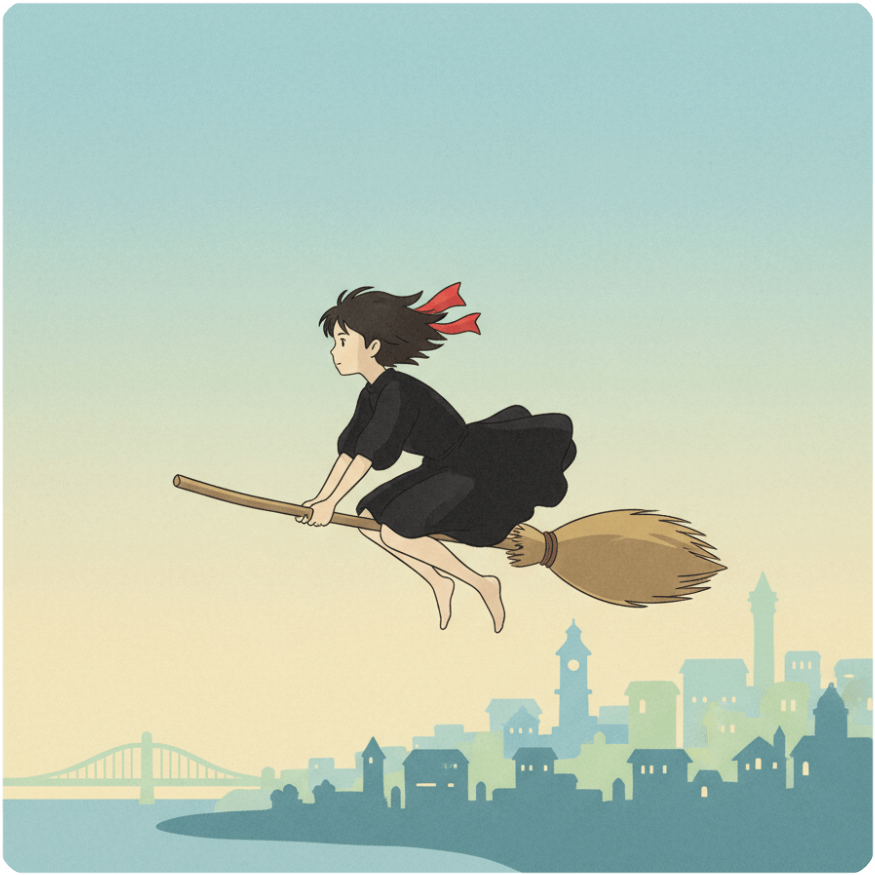 alt="바닷가 마을 하늘 위를 빗자루를 타고 나는 마녀 소녀 키키의 따뜻하고 희망적인 성장의 분위기를 담은 일러스트.”
