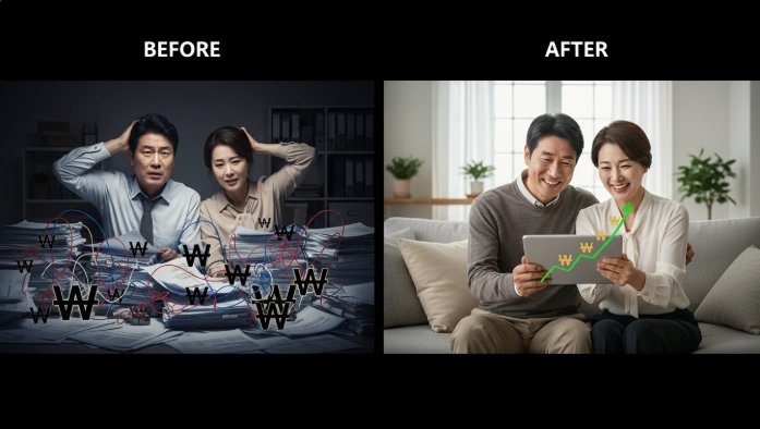 IRP 과세이연으로 노후 자산이 불어나는 모습과 세액 공제 없이 복잡했던 이전 상황을 비교하는 4050 한국인 부부의 모습