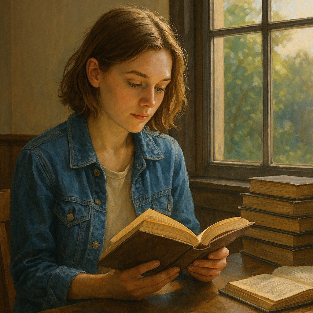 책을 보고 있는 여자 사진