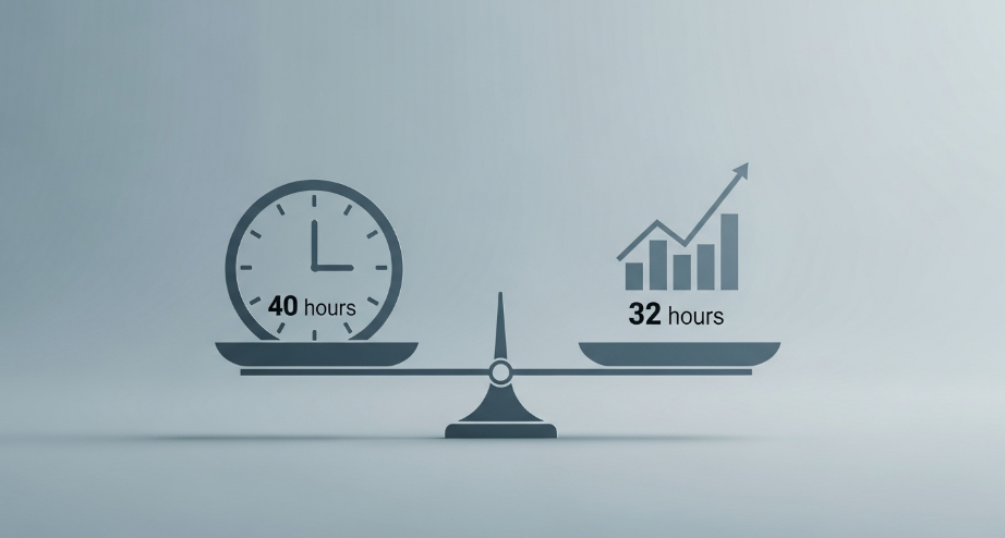 양손 저울 위에 시계와 생산성 그래프가 균형을 이루는 모습, 한쪽에는 40시간, 다른 쪽에는 32시간 표시, 블루-그레이 톤의 미니멀한 디자인, 비즈니스 인포그래픽 스타일, 심플하고 전문적인 이미지