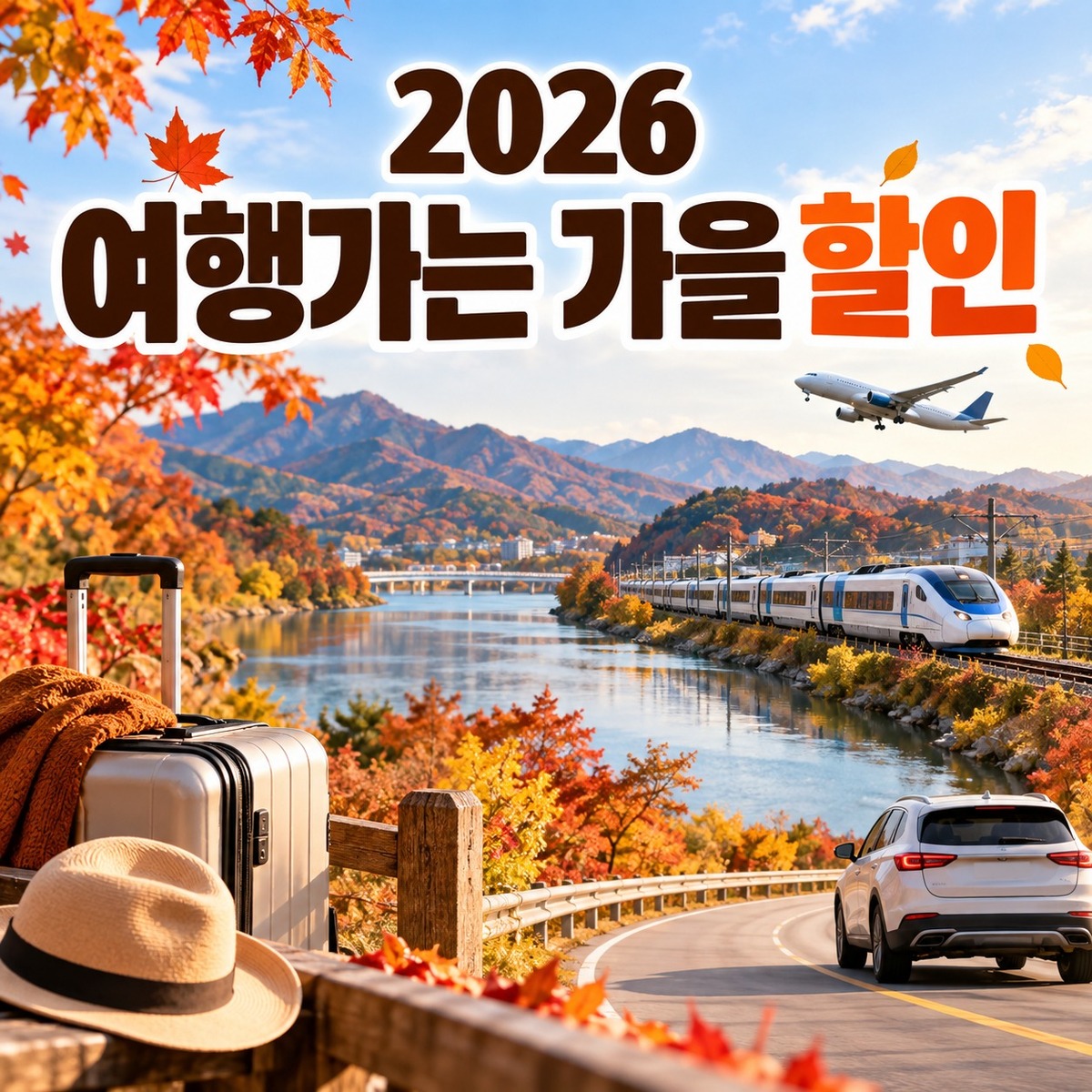단풍 여행지에서 기차 자동차 비행기와 여행가방이 함께 보이는 2026 여행가는 가을 할인 대표 이미지
