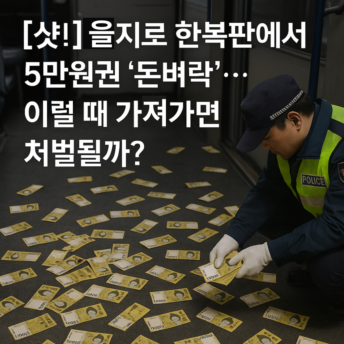 “버스 내부 바닥에 흩어진 5만원권 지폐를 경찰이 회수하는 장면을 보여주는 뉴스형 썸네일 이미지”