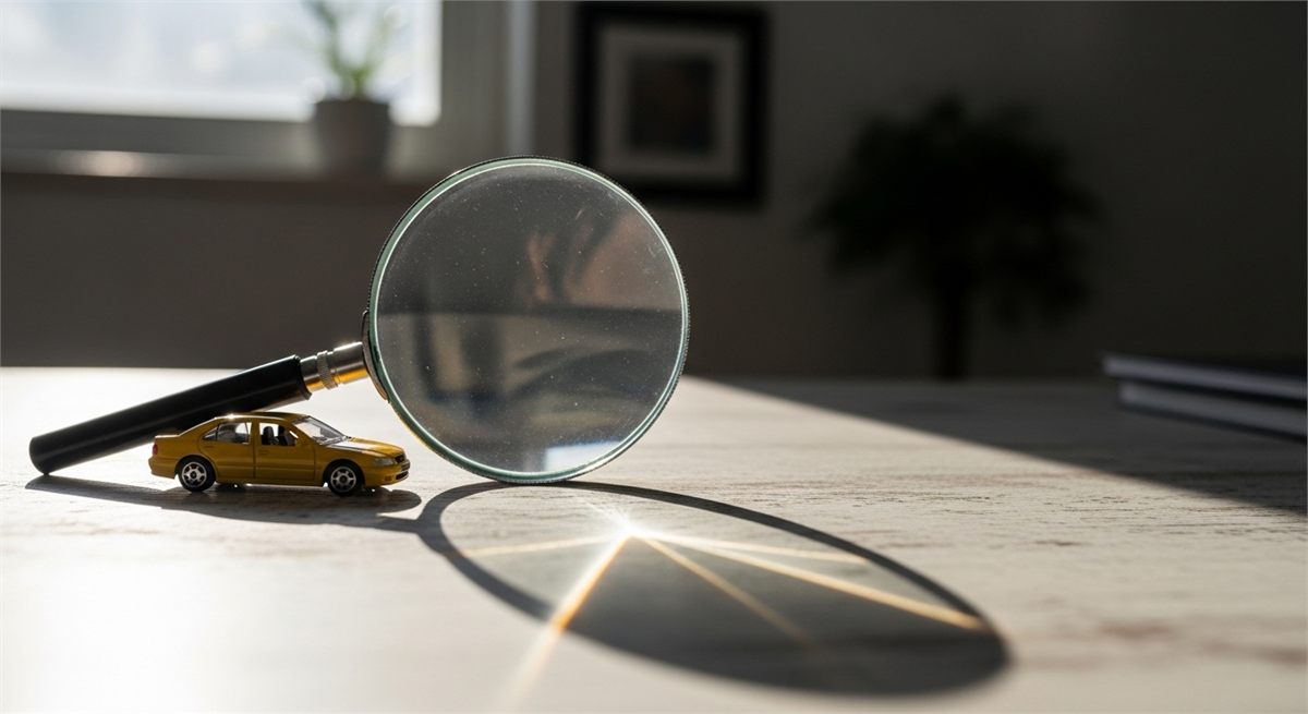  자동차 모형과 확대경으로 투자 리스크를 상징적으로 표현한 장면 