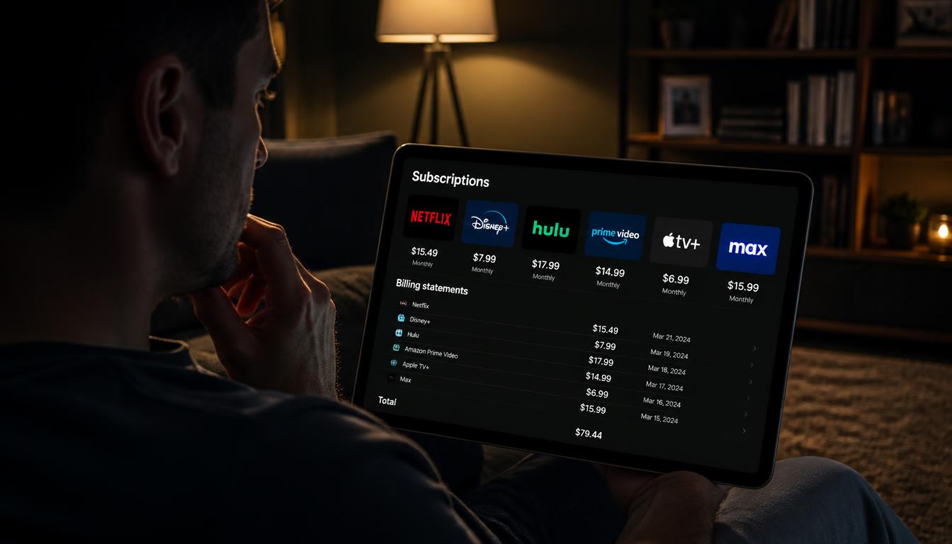 A person reviewing multiple streaming apps and billing invoices on a digital tablet, illustrating subscription fatigue.