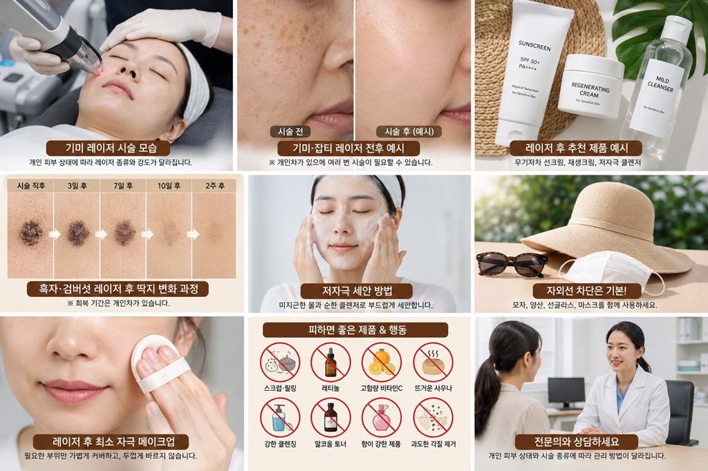 기미 레이저 후 화장과 선크림 사용 시기, 저자극 세안법, 딱지 회복 과정, 자외선 차단 방법을 정리한 피부과 레이저 사후관리 가이드 이미지