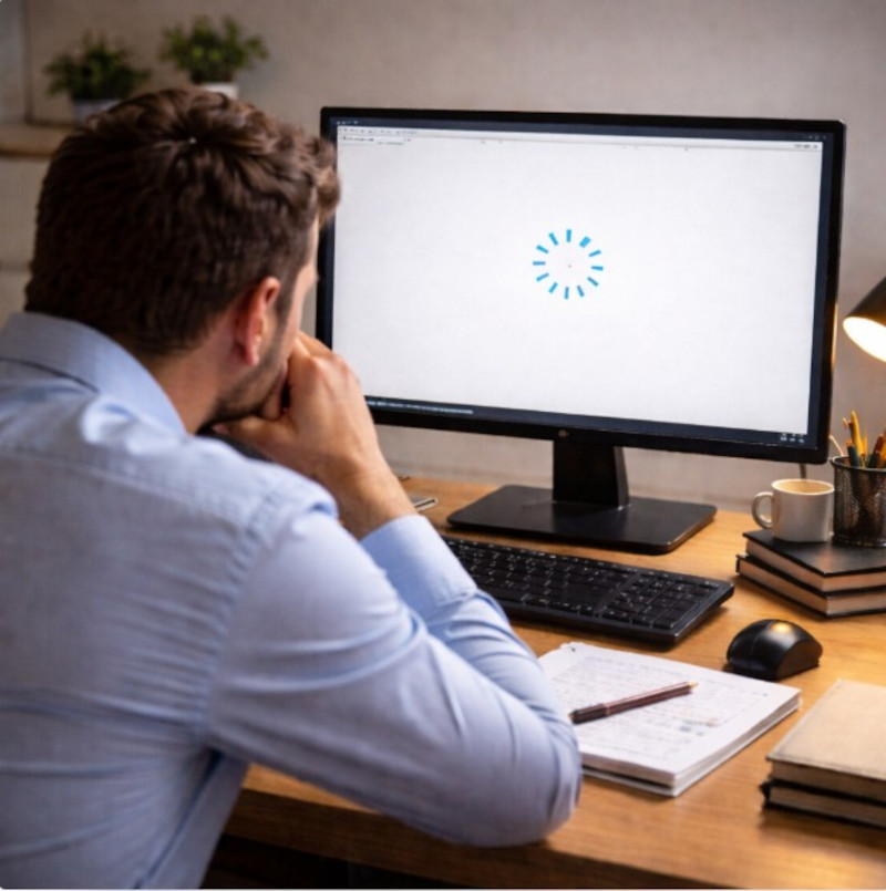 컴퓨터 사용 중 반응 속도가 느려진 상황에서 화면을 확인하는 사용자 작업 환경