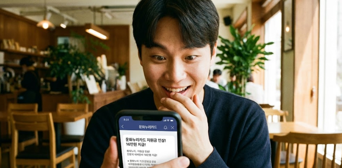 스마트폰으로 문화누리카드 지원금 인상 뉴스를 확인하며 좋아하는 대학생