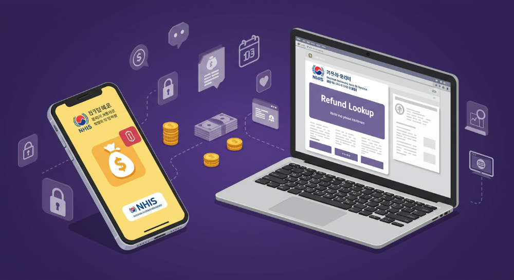 국민건강보험 환급금을 모바일 앱과 PC 홈페이지로 간편하게 조회하고 신청하는 과정을 보여주는 이미지.