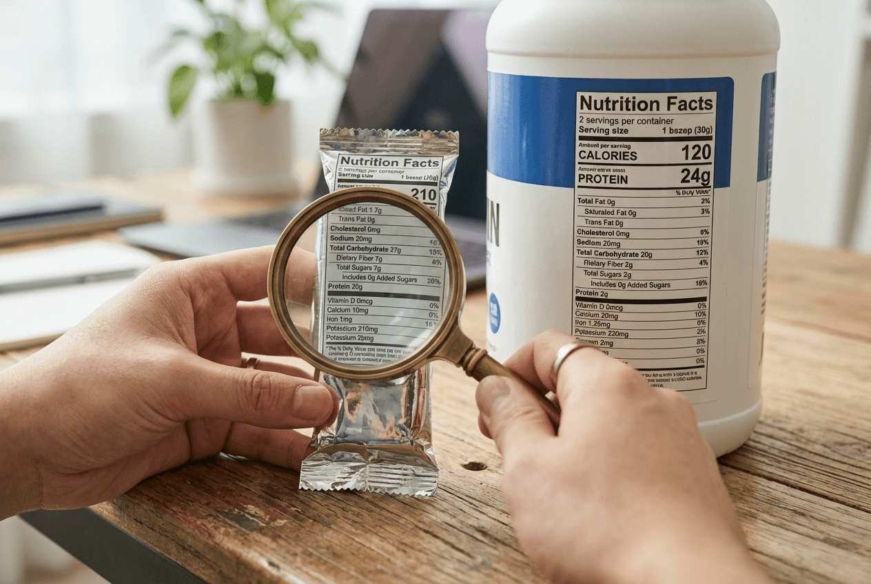 프로틴바 영양 성분 라벨과 쉐이크 파우더 포장지를 비교 분석하는 모습, 열량과 단백질 함량 체크 이미지