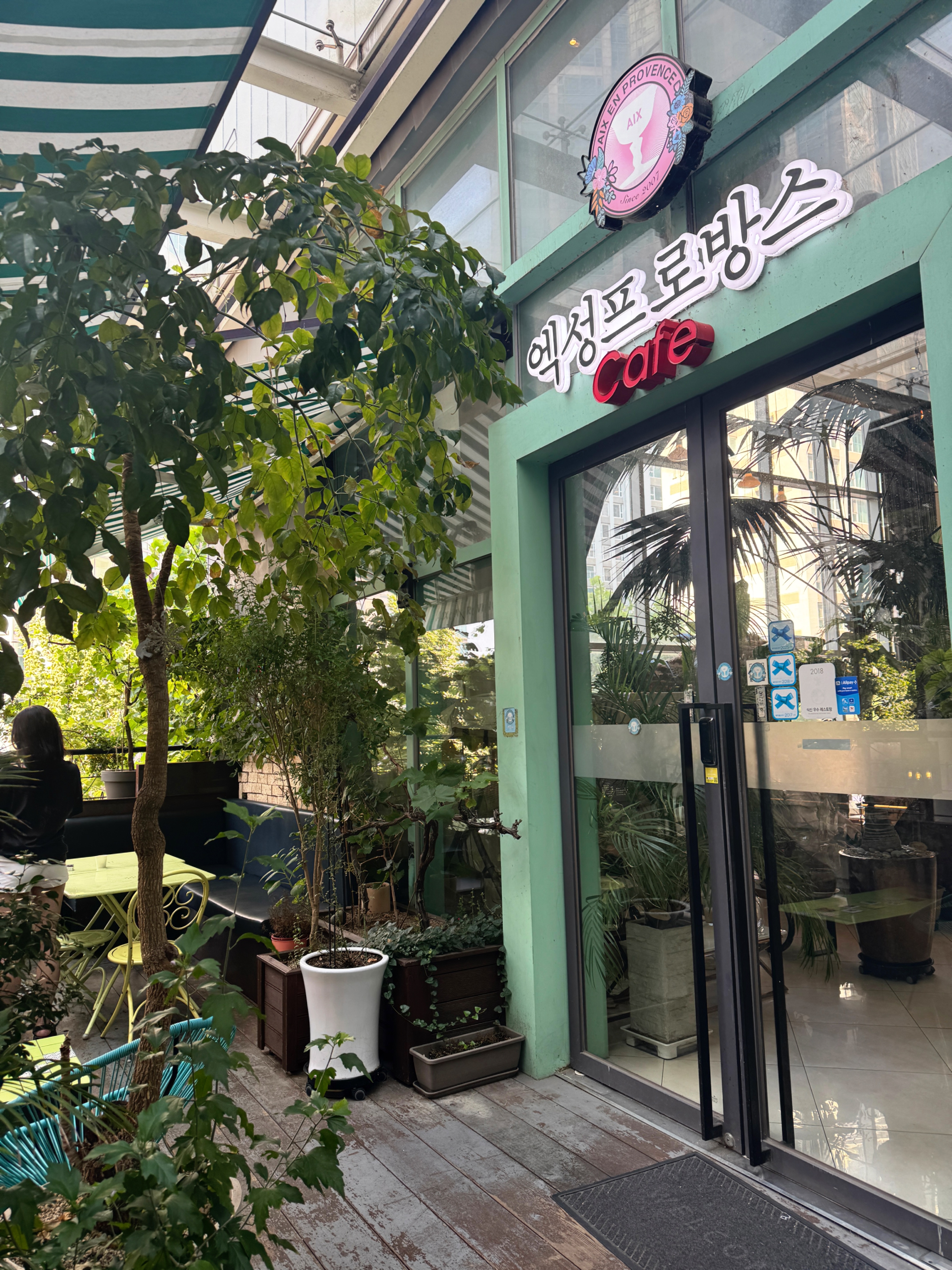 정자동 엑성프로방스 카페 외관 &ndash; 초록빛 식물로 둘러싸인 입구 전경