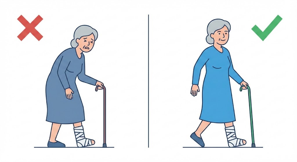 할머니가 지팡이를 짚고 걷는데, 아픈 다리와 같은 쪽 손으로 짚어서 몸이 기우뚱하며 힘들어하는 모습(X 표시) vs 반대쪽 손으로 짚고 당당하게 걷는 모습(O 표시) 비교.
