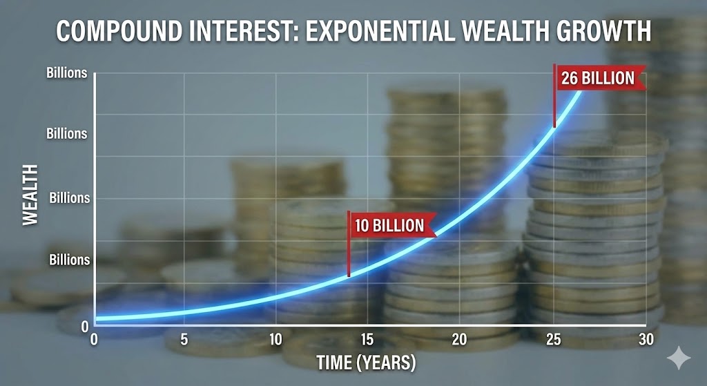 시간 축(X축)에 따라 자산(Y축)이 기하급수적으로 늘어나는 복리 그래프. 14년 차에 '10억', 25년 차에 '26억' 깃발이 꽂혀 있는 모습
