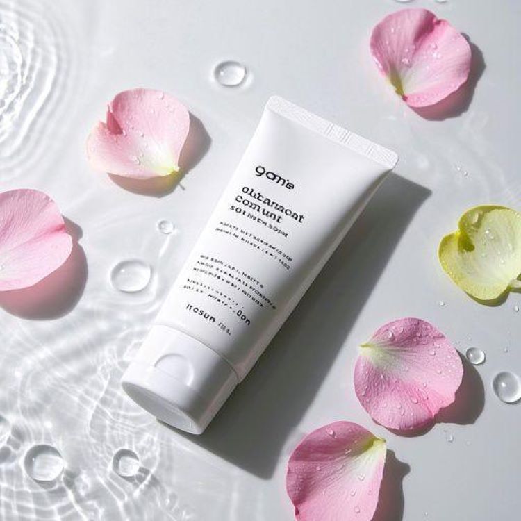 깨끗한 화이트 배경에 비판텐 연고 튜브가 중앙에 배치되어 있고, 주변에 부드러운 파스텔 톤의 꽃잎과 물방울이 떠있는 모습. 연고 튜브 옆에는 건강한 피부를 상징하는 매끄럽고 촉촉한 피부 질감이 표현되어 있으며, 전체적으로 청결하고 안전한 느낌을 주는 미니멀한 구성의 제품 이미지