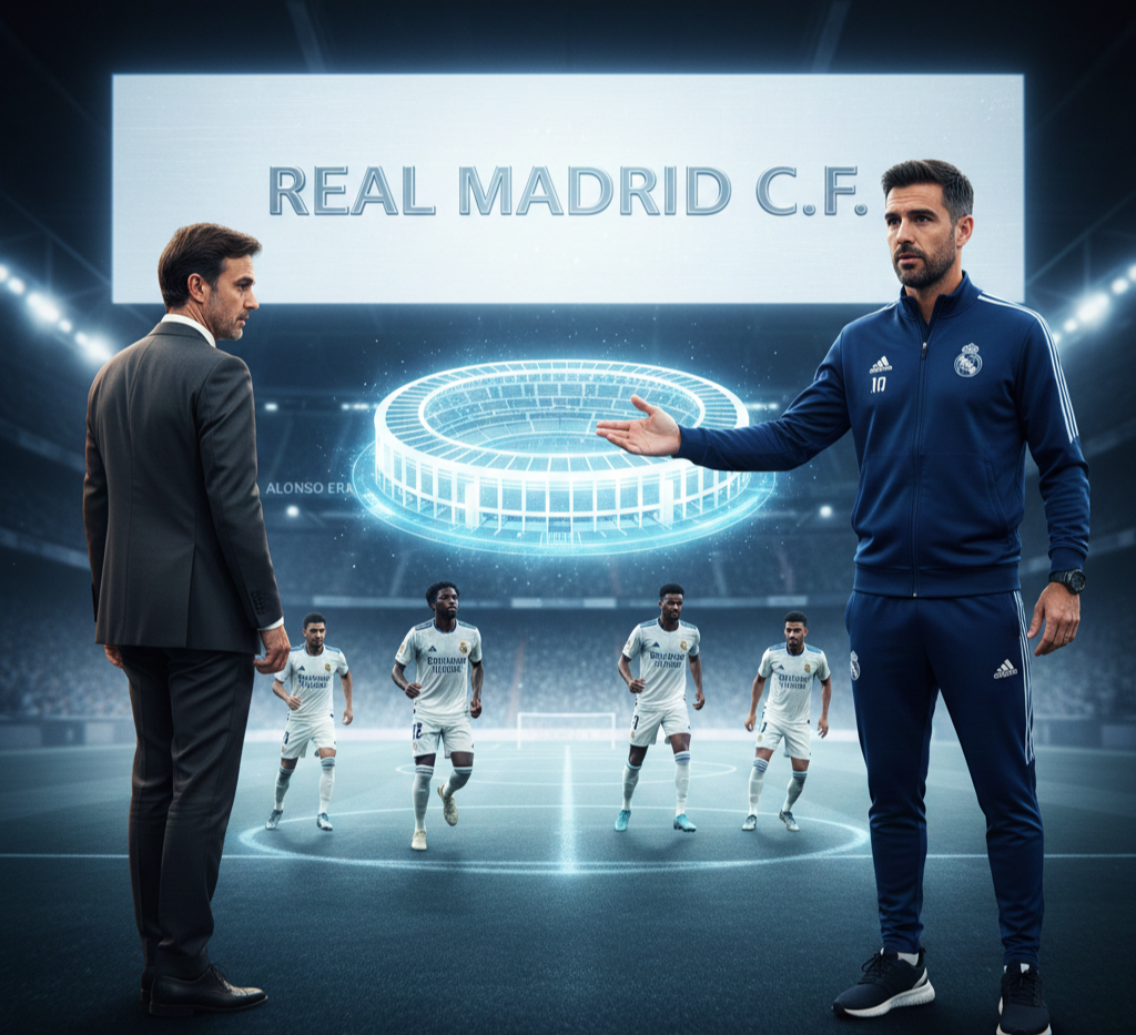 레알 마드리드의 홈 구장 배경 위로 정장을 입은 사비 알론소 감독과 트레이닝복 차림의 알바로 아르벨로아 감독이 서로 마주 보고 서 있는 모습. 중앙에는 레알 마드리드 C.F. 로고와 경기장 홀로그램이 떠 있으며, 배경에 레알 마드리드 선수들이 배치되어 감독 교체를 형상화한 이미지.