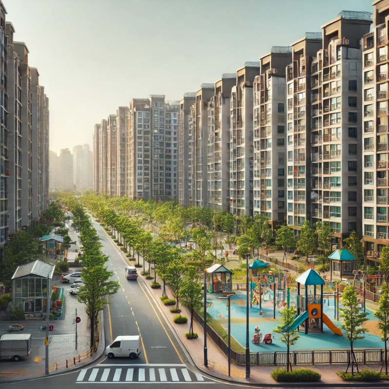 고층과 저층이 조화를 이루며 공원과 보행로가 잘 정비된 도심 속 주거지역