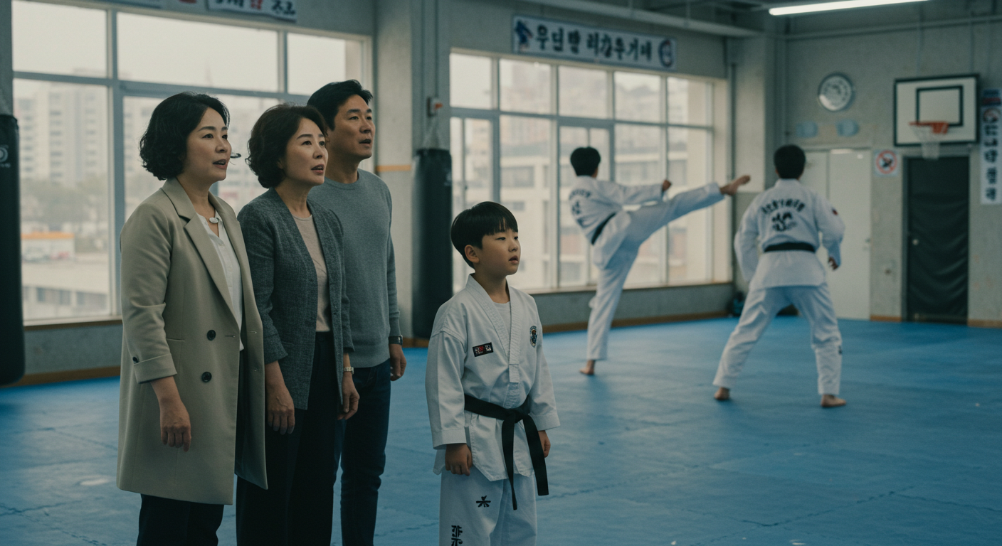 태권도장을 견학하는 어른들.