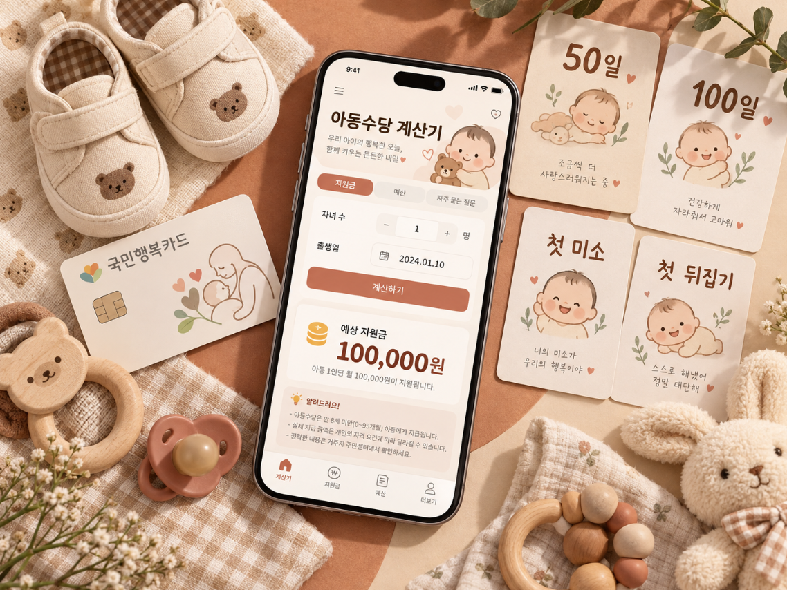 국민행복카드와 유아용품 및 지원금 계산기 화면이 놓인 테이블