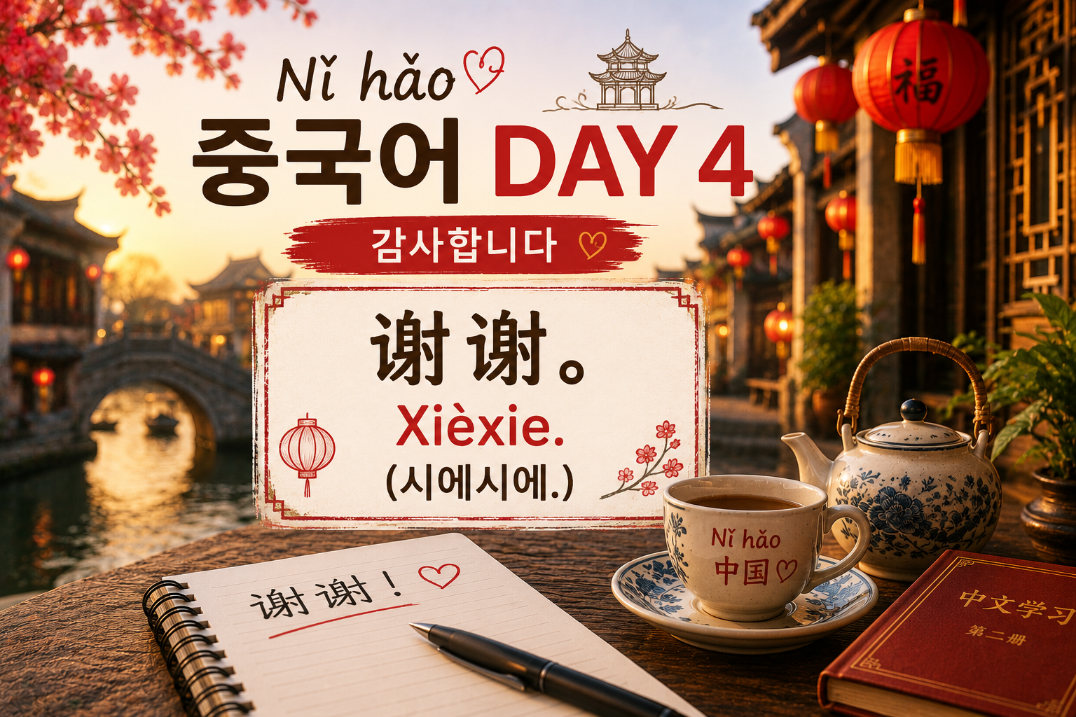 노을이 비치는 중국 전통 수향마을을 배경으로 붉은 등불과 돌다리가 보인다. 찻주전자와 찻잔, 노트가 놓인 테이블 위에 "Nǐ hǎo 중국어 DAY 4" 와 오늘의 핵심 표현 "谢谢。", 병음 "Xièxie.", 한글 발음 "(시에시에.)" 가 담긴 중국어 학습 썸네일 이미지.