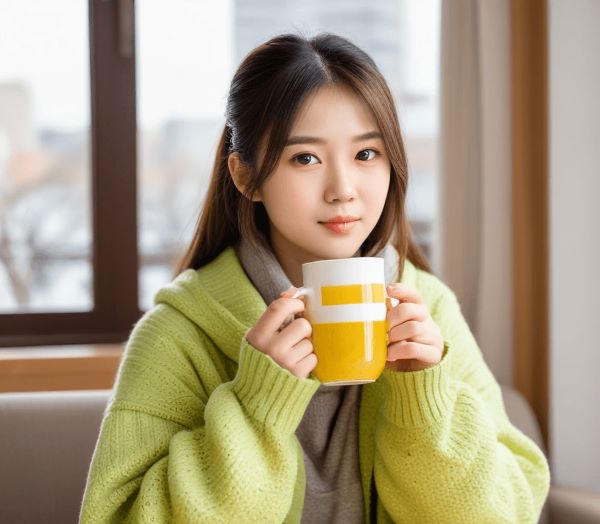 젊은 여성이 감기에 걸려 두꺼운 옷을 입고 따뜻한 물을 마시고 있다.