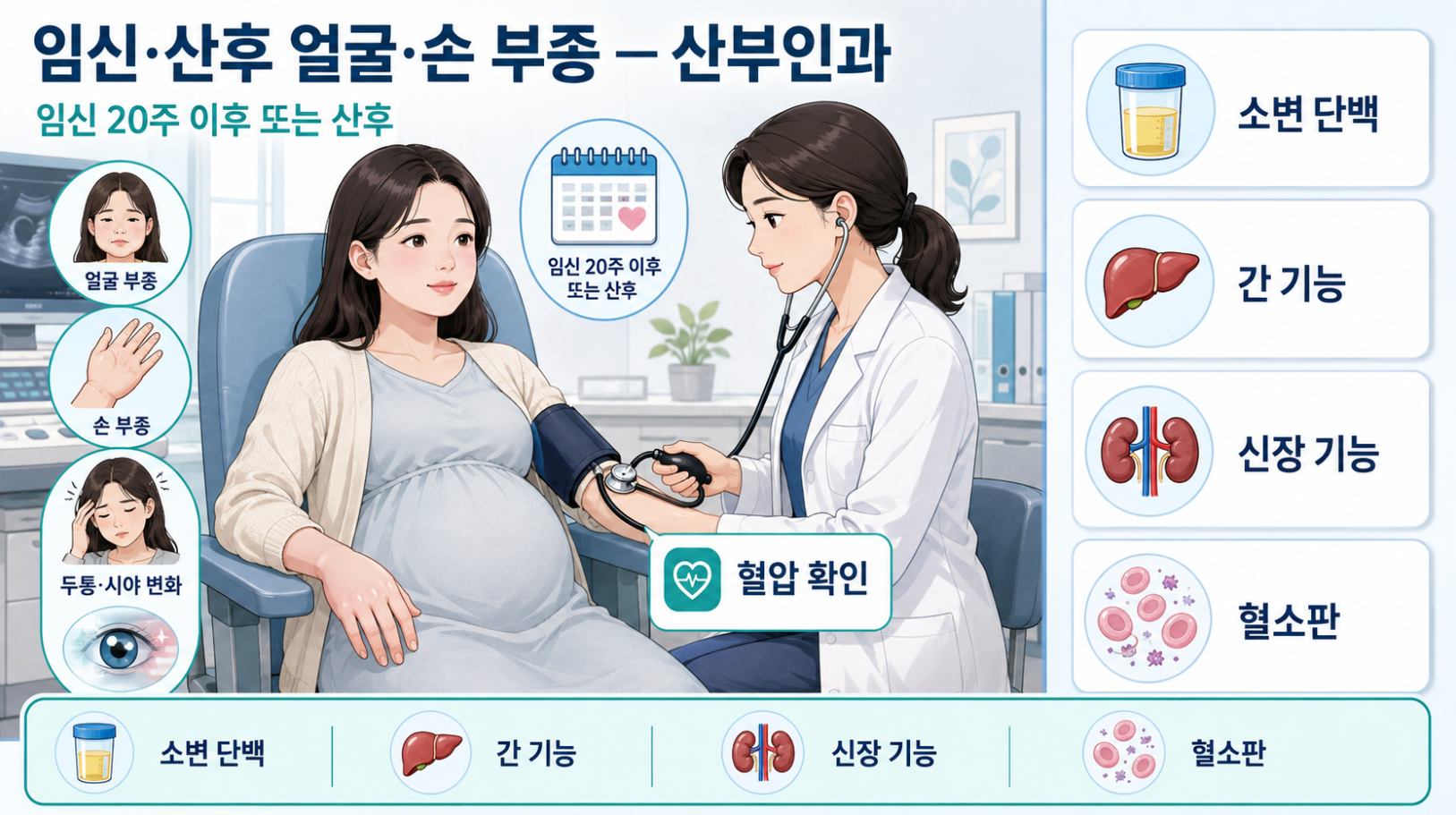 임신 20주 이후 또는 산후 얼굴&middot;손 부종에서 혈압과 소변&middot;혈액검사 확인