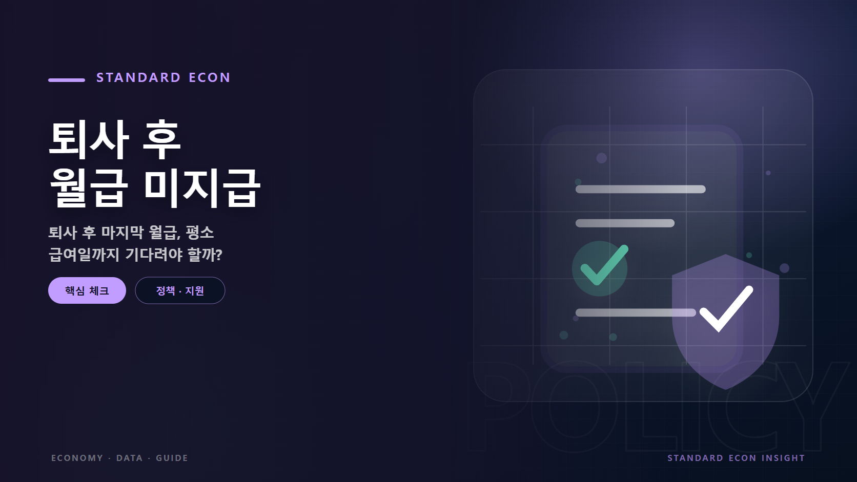 퇴사 후 월급 미지급 문구와 정책 문서와 체크, 보호 방패 그래픽 요소를 담은 정책 &middot; 지원 경제 콘텐츠 대표 이미지