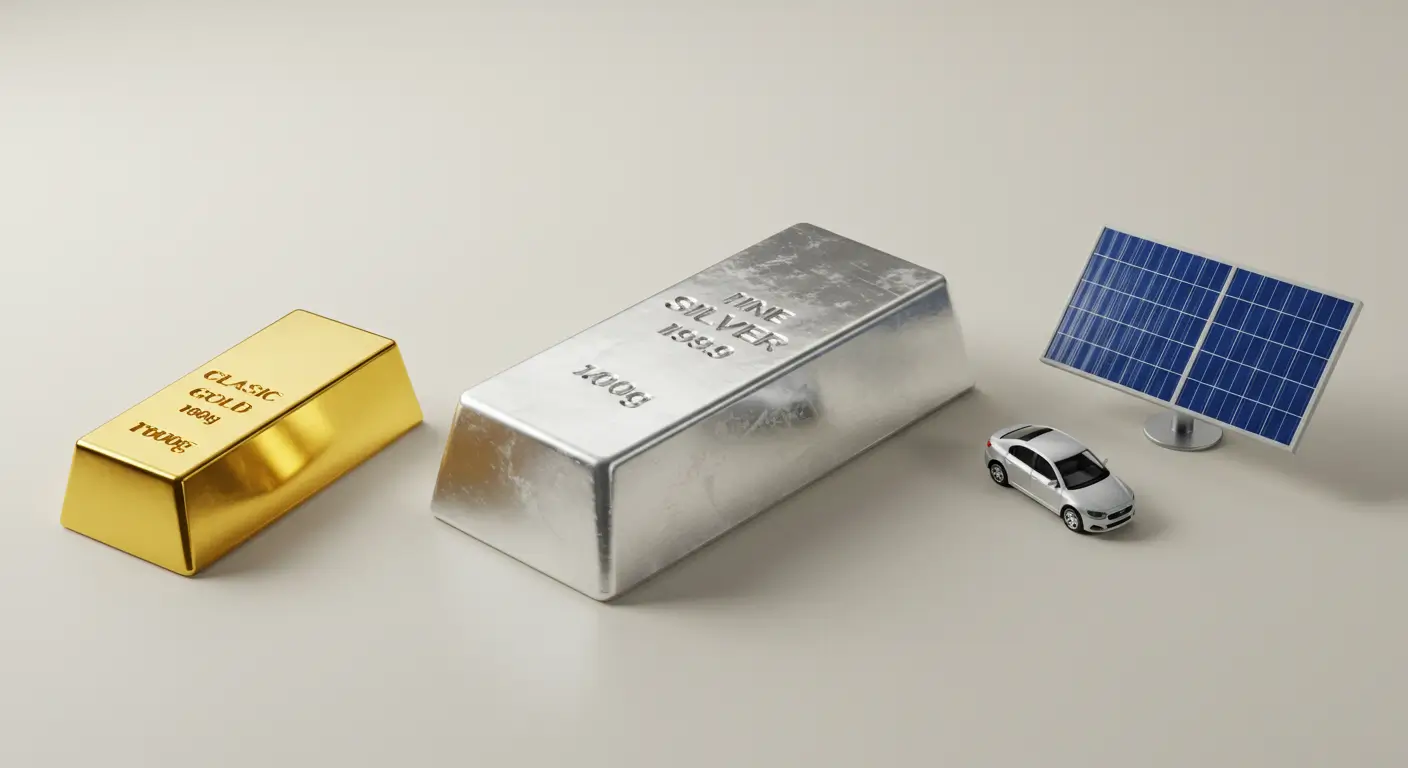안전자산(금)과 산업재(태양광, 전기차)로서 은(Silver)의 이중적인 특징을 보여주는 상징 이미지