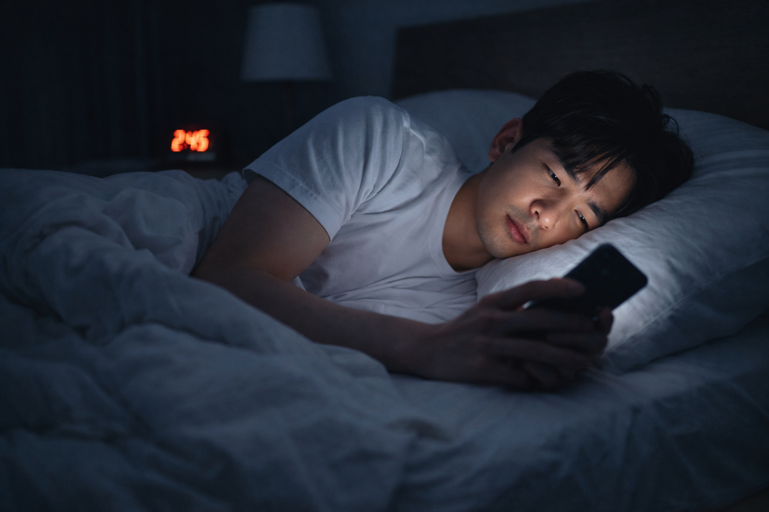 밤에 잠들지 못한 채 침대에 누워 스마트폰을 보고 있는 성인 남성의 모습