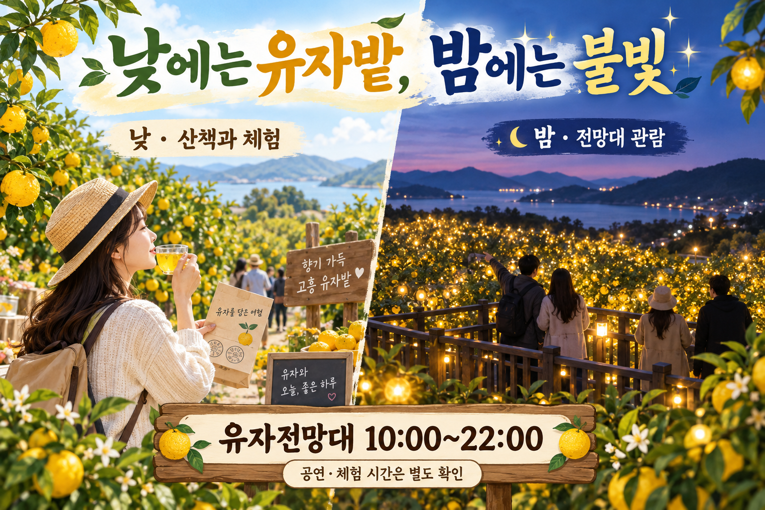 낮의 유자밭과 야간 불빛, 유자전망대 오전10시부터밤10시 운영