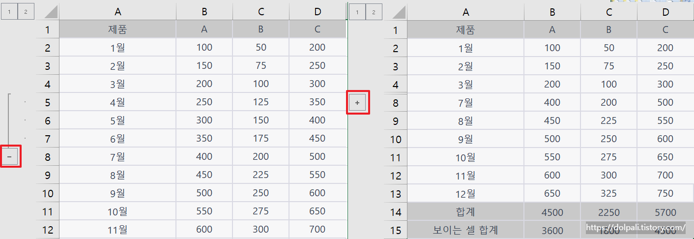 엑셀 그룹 설정-숨기기버튼