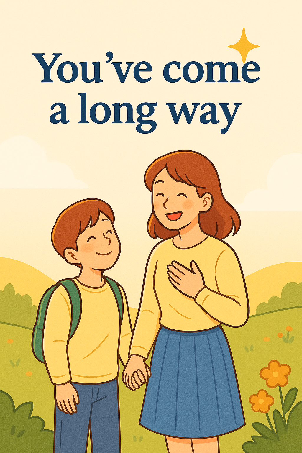 ‘You’ve come a long way’라는 문구 아래, 엄마와 아들이 손을 잡고 미소 짓는 따뜻한 감성 일러스트. 봄빛 들판 배경에 긍정적인 분위기.